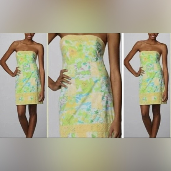 LILLY PULITZER Strapless Bowen Gator Print Patch Yellow Green Dress Size 0 - Picture 3 of 11